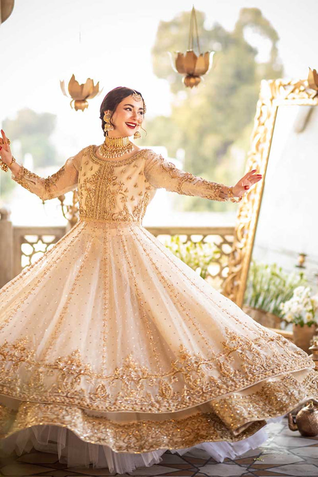 Gold Beige Anarkali Gown with Contrast Embroidery & Silver Details -  Seasons India